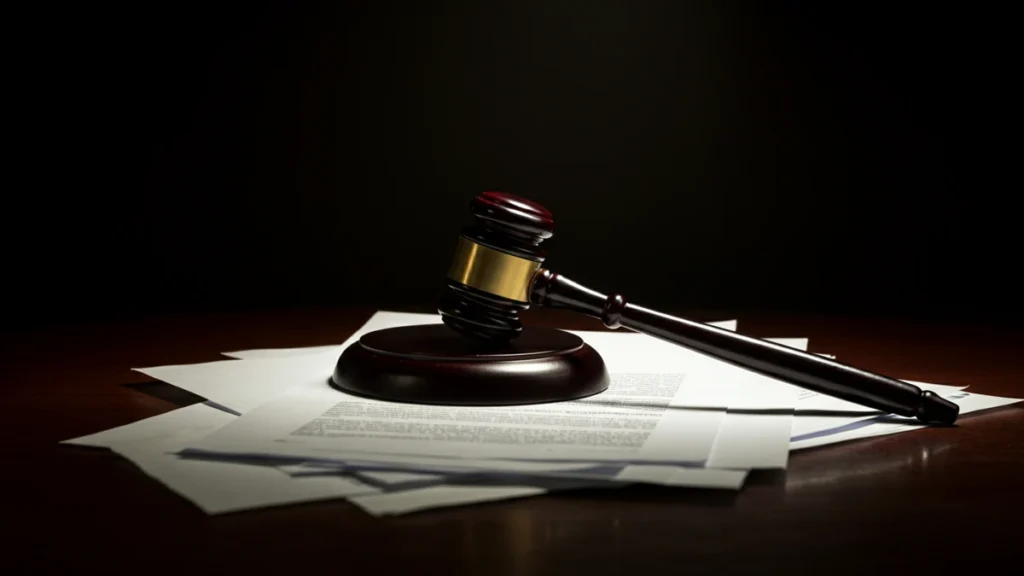 A wooden gavel resting on a stack of legal documents on a desk under dramatic, low-key lighting.