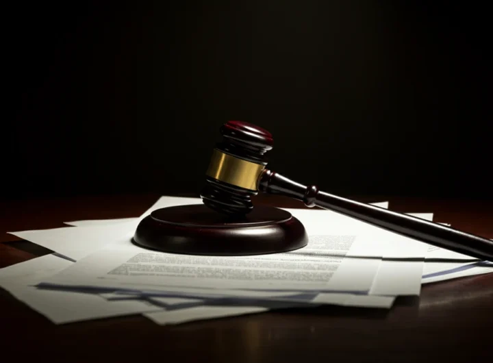 A wooden gavel resting on a stack of legal documents on a desk under dramatic, low-key lighting.