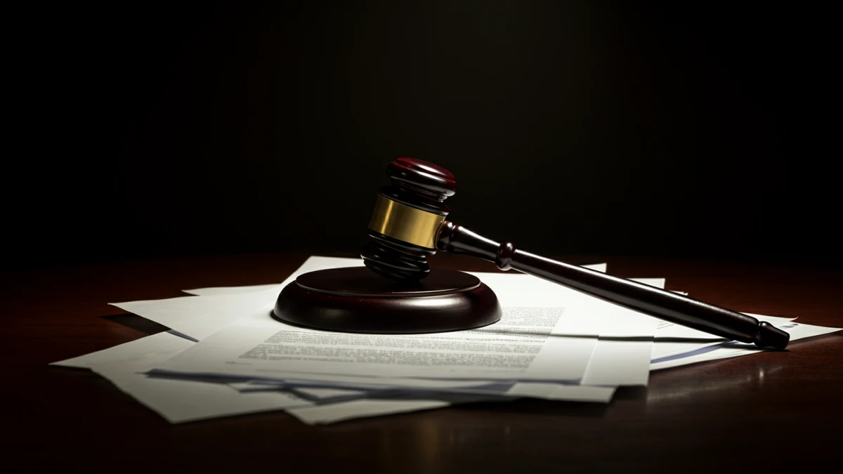 A wooden gavel resting on a stack of legal documents on a desk under dramatic, low-key lighting.