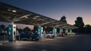Several modern electric vehicles, including an SUV, charging at a busy, well-lit station at twilight.