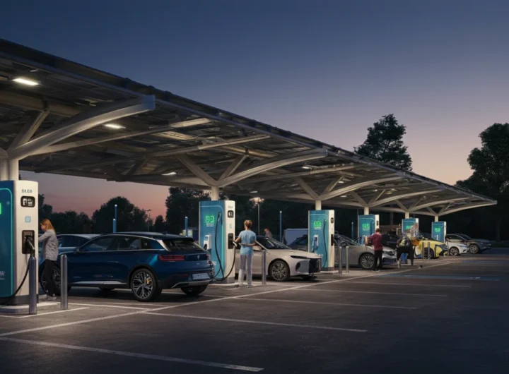 Several modern electric vehicles, including an SUV, charging at a busy, well-lit station at twilight.