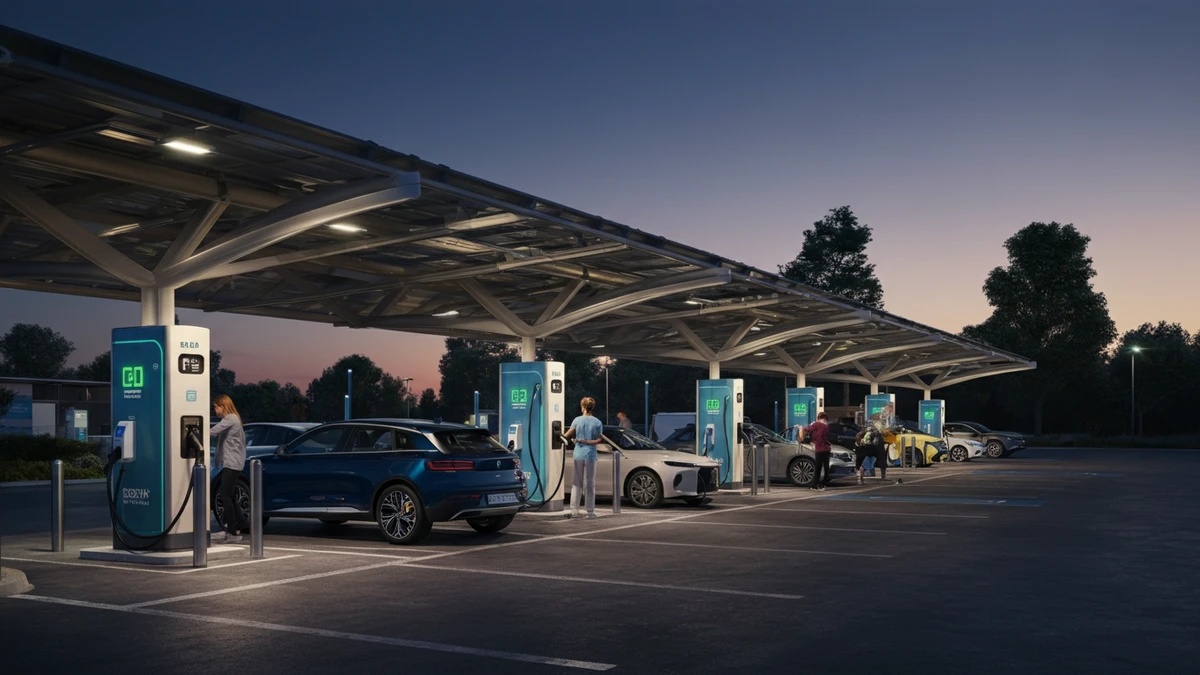 Several modern electric vehicles, including an SUV, charging at a busy, well-lit station at twilight.