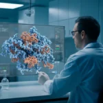 A researcher in a modern laboratory looks at a large screen displaying a 3D model of a protein molecule.