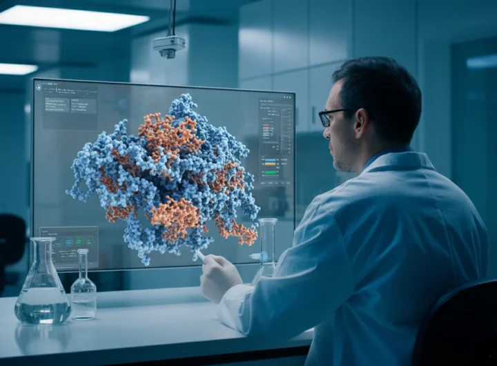 A researcher in a modern laboratory looks at a large screen displaying a 3D model of a protein molecule.