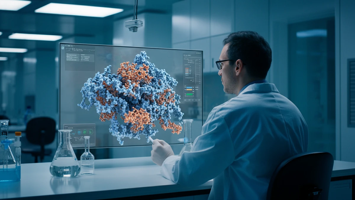A researcher in a modern laboratory looks at a large screen displaying a 3D model of a protein molecule.