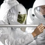 Two suited engineers work under harsh directional lighting during a NASA lunar surface lighting simulation for Artemis III