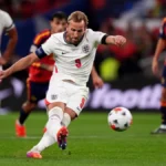 Harry Kane strikes his penalty against Spain at Wembley before it hit the crossbar