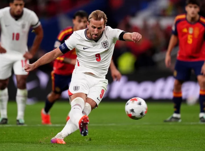 Harry Kane strikes his penalty against Spain at Wembley before it hit the crossbar